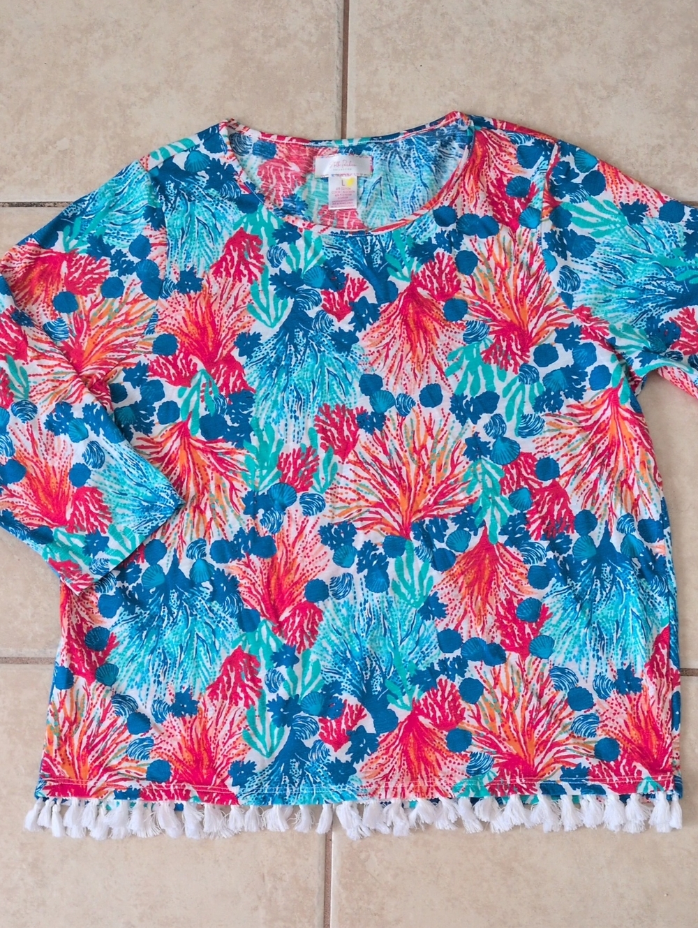Stella Parker Womens Crew Neck 3/4 Sleeve Blouse With Fringe Size Large